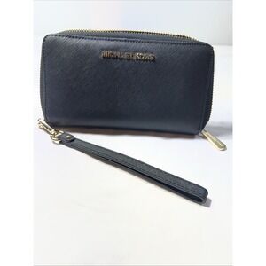 MICHAEL KORS Black Saffiano Leather Zip Around Wallet Medium Phone Clutch 7x4